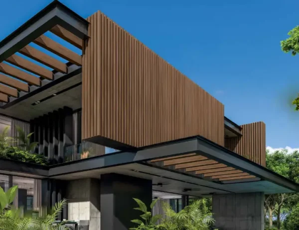 fachada lambrin wpc tekno step coextruido tipo madera para exteriores muros y paredes modernas, resistente al sol y la humedad. ideal para muros y paredes exteriores con diseño moderno. garantia de 10 años en uso exterior.