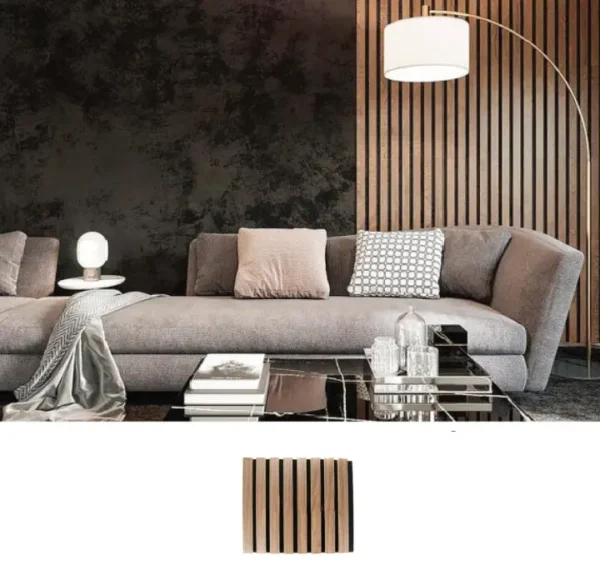 panel wpc acustico para pared interior quality indoor decorativo, resistente al agua y aislamiento acustico superior: tipo madera, fondo negro, propiedades acusticas que reducen eco y reverberacion. para estudios de grabacion.