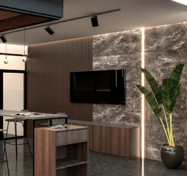 paneles de pvc tipo marmol gris brillante quality indoor; superficie lisa y lavable, resistente a humedad y manchas. instalacion sencilla sobre muros existentes; ligera, oculta imperfecciones y mejora la estetica de interiores con brillo elegante.