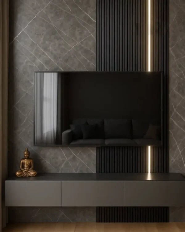 paneles de pvc tipo marmol gris mate quality indoor; textura mate elegante, impermeable y antimoho. instalacion rapida sobre muros irregulares; oculta defectos y reduce mantenimiento. ideal para banos, cocinas y areas de alto uso.