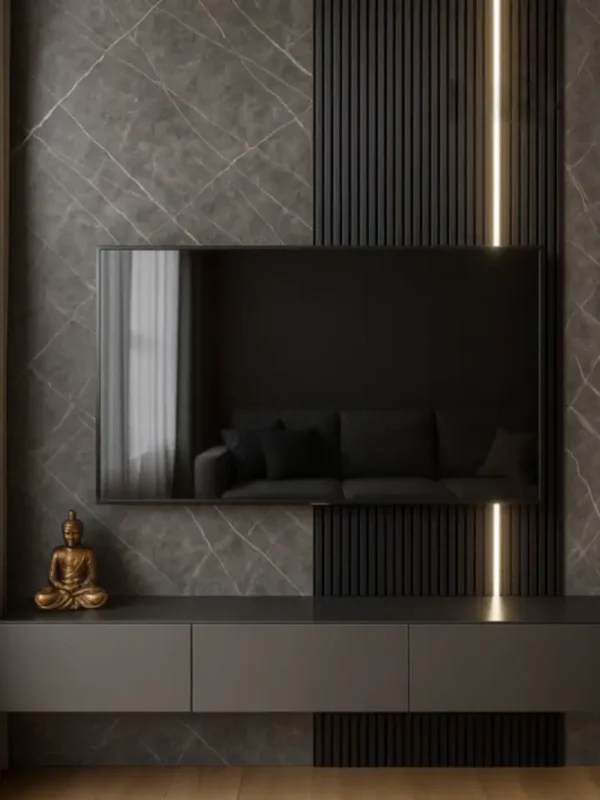 paneles de pvc tipo marmol gris mate quality indoor; textura mate elegante, impermeable y antimoho. instalacion rapida sobre muros irregulares; oculta defectos y reduce mantenimiento. ideal para banos, cocinas y areas de alto uso.