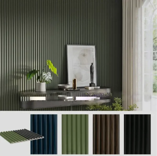 panel de PVC redondo tipo lambrin para interiores, disponible en varios colores. resistente a humedad y fuego, libre de termitas, facil de limpiar y de instalar en muros o techos. ideal para decoracion moderna y duradera sin mantenimiento