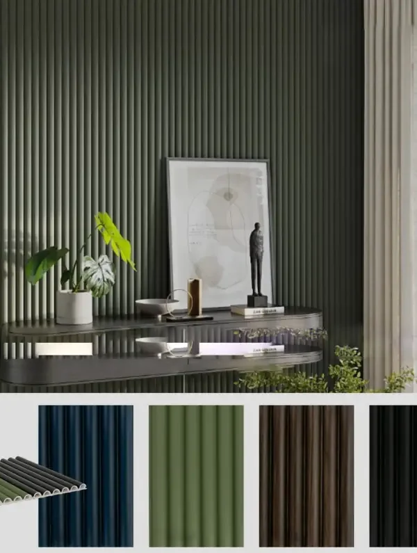 panel de PVC redondo tipo lambrin para interiores, disponible en varios colores. resistente a humedad y fuego, libre de termitas, facil de limpiar y de instalar en muros o techos. ideal para decoracion moderna y duradera sin mantenimiento