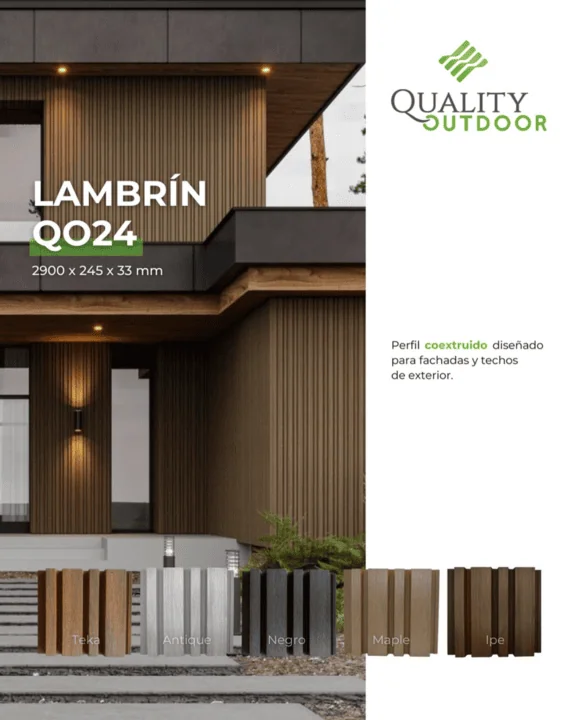 panel asimetrico wpc qo24 quality outdoor con diseno moderno para fachadas exteriores. disponible en variedad de colores como teka, ipe, antique, maple y negro. resistente al sol y la lluvia, ideal para proyectos arquitectonicos modernos