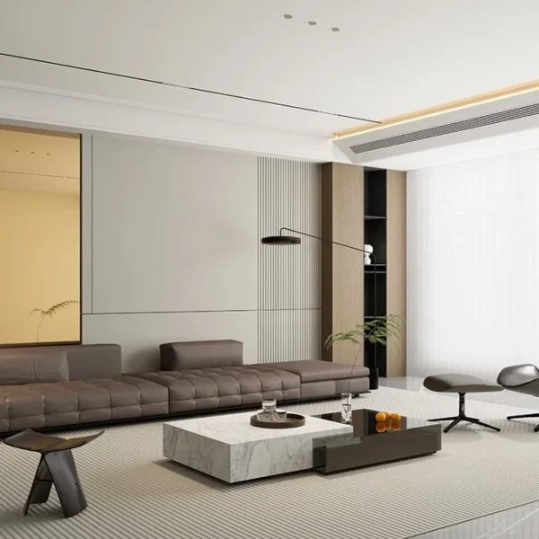 panel decorativo bcc metal tekno step en oficina minimalista; look moderno con brillo uniforme; reduce peso frente al espejo tradicional; montaje con adhesivo en interiores; mantenimiento sencillo con pano suave