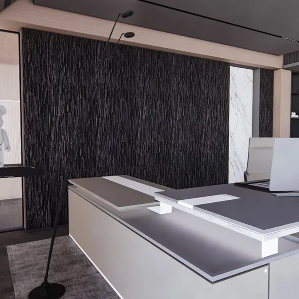 panel pu replica tipo tronco tekno step en recibidor y entrada que aporta primera impresion rustica y elegante, se instala rapido con adhesivo recomendado, superficie lavable y de bajo mantenimiento, adecuado para acentuar muros de paso y zonas sociales ideal para muros interiores