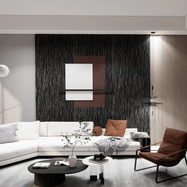 panel pu replica tipo tronco tekno step instalado detras del televisor creando un muro en relieve sin pesos excesivos, acabado realista que disimula cables y soportes, facil de limpiar y mantener, ideal para salas y zonas de entretenimiento ideal para muros interiores