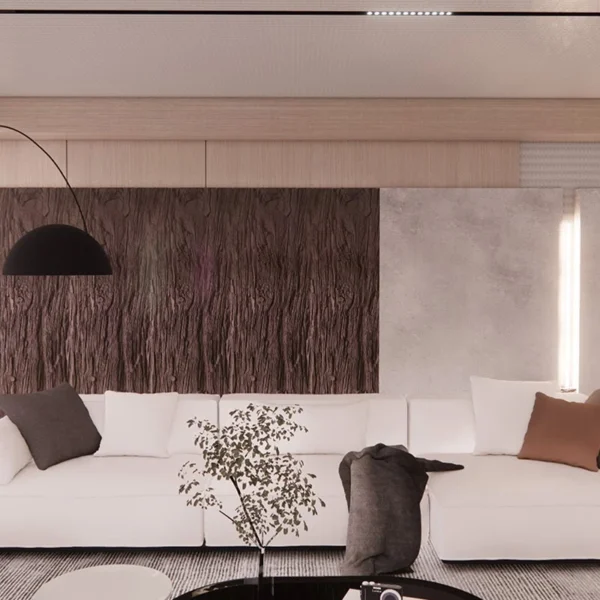 panel pu replica tipo tronco tekno step instalado en sala de estar aportando textura y calidez al muro, producto ligero y de facil manejo, ideal para revestimientos interiores y para crear un punto focal decorativo de alto relieve en espacios residenciales ideal para muros interiores