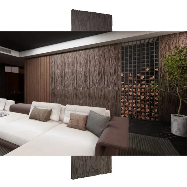 panel pu replica tipo tronco tekno step en el lobby de hotel crea un recibimiento calido y elegante, su relieve tipo tronco aporta sensacion natural y exclusiva, se instala con adhesivo especifico y permite limpieza facil, ideal para areas de alto trafico interior ideal para muros interiores