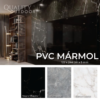 paneles de pvc tipo marmol blanco brillante quality indoor en escenario de baño con muestrario: blanco brillante, gris brillante y negro mate; 100% impermeables, faciles de limpiar y aptos para zonas humedas y regaderas
