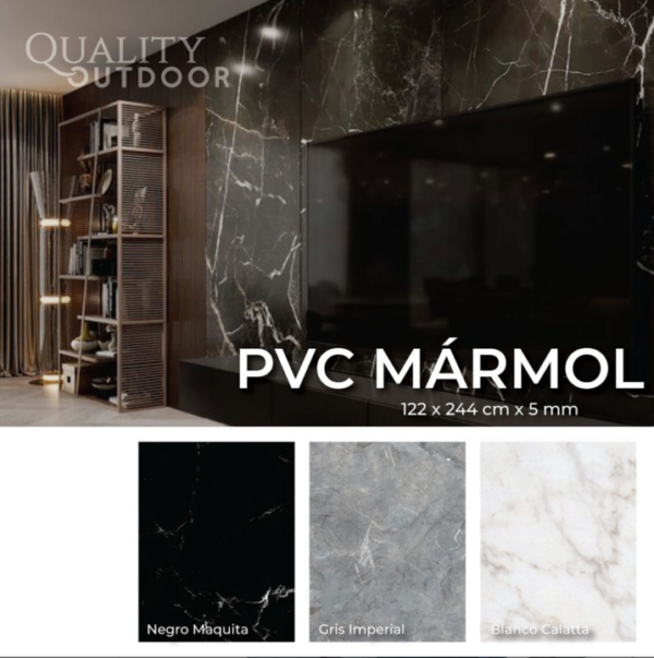 paneles de pvc tipo marmol blanco brillante quality indoor en escenario de baño con muestrario: blanco brillante, gris brillante y negro mate; 100% impermeables, faciles de limpiar y aptos para zonas humedas y regaderas