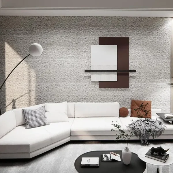 laminas de piedra y madera flexible tekno step concreto aparente instaladas en sala de estar acabado industrial flexible para muros curvos y decoracion interior resistente a humedad y rayos uv