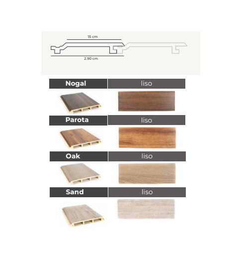 wall cladding para muros y techos interiores quality outdoor paleta de colores nogal oak parota sand y diagrama tecnico con medidas 2.90m x 15cm x 2.2cm