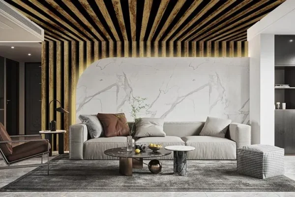 vigas de pvc para interior tipo madera en sala, muro y techo tekno step; estilo madera realista, instalacion rapida con soporte giratorio, resistente a humedad y facil de limpiar; mejora acustica y estetica del espacio