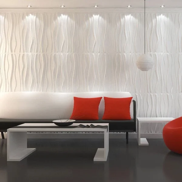 Panel Blanco 3D de PVC Decorativo para Sala de Estar - Modelo Cleveland | Tekno Step panel blanco 3d de pvc decorativo para sala de estar modelo cleveland tekno step, instalado en salon, mejora aislamiento acustico y estetica