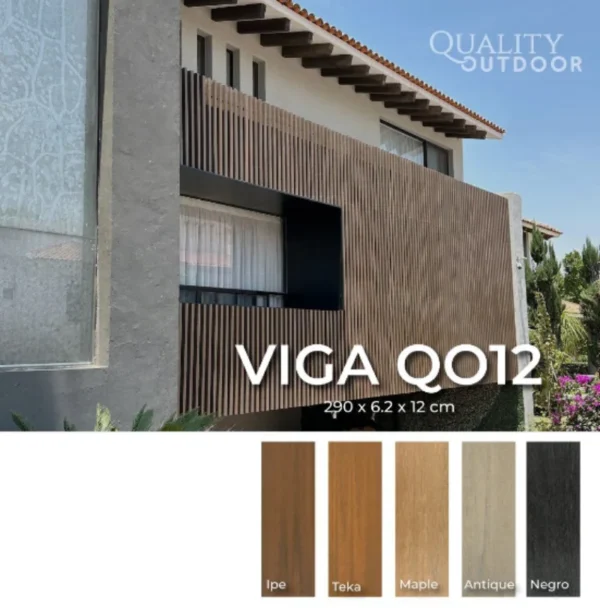 Viga QO12 Exterior WPC | Celosía de fachada residencial (5 colores) viga qo12 exterior wpc en celosia de fachada residencial mostrando 5 colores teka ipe antique maple negro con capa protectora maxshield resistencia uv impermeable y sin mantenimiento
