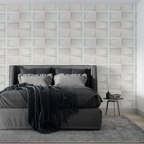 Panel Blanco 3D de PVC Decorativo para Recámara - Modelo Columbus | Tekno Step panel blanco 3d de pvc decorativo para recamara modelo columbus tekno step, instalado en dormitorio, aporta calidez visual y bajo mantenimiento