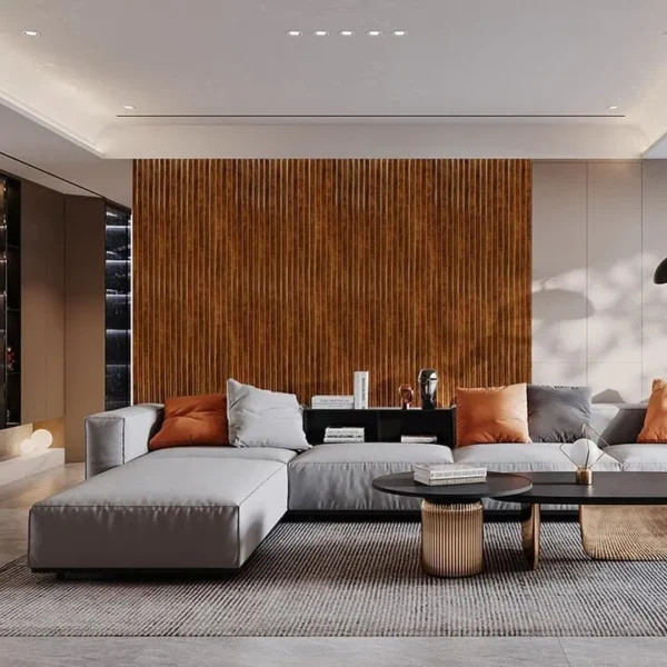 lambrin pvc media luna interior tekno step cressida instalado en sala de estar revestimiento decorativo ondas y textura tipo madera aporta dinamismo al espacio