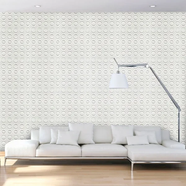 Panel Blanco 3D de PVC Decorativo para Sala de TV - Modelo Denver | Tekno Step panel blanco 3d de pvc decorativo para sala de tv modelo denver tekno step, instalado detras del televisor para crear un fondo moderno y elegante
