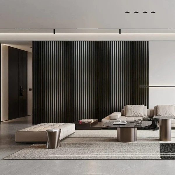 lambrin pvc media luna interior tekno step gildara instalado en lobby de hotel revestimiento ondulado efecto madera volumen y brillo elegante