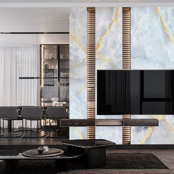 tapiz pvc autoadherible tipo marmol tekno step modelo cairo instalado en comedor, rollo 1200x2400 mm pieza 2 mm espesor, textura marmoleada, autoadherible y facil limpieza