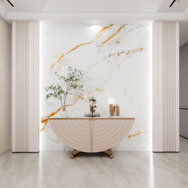 tapiz pvc autoadherible tipo marmol tekno step modelo dakar instalado en recibidor, rollo 1200x2400 mm pieza 2 mm de espesor, acabado premium, autoadherible, ideal para interiores