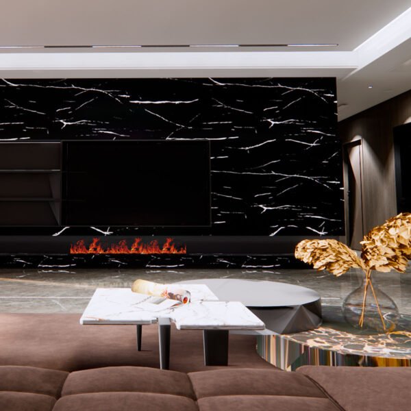 tapiz pvc autoadherible tipo marmol tekno step modelo fes instalado en sala de tv, rollo 1200x2400 mm pieza 2 mm espesor, autoadherible, lavable y facil instalacion