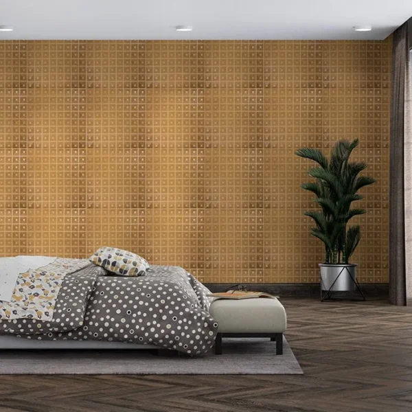 Panel Dorado 3D de PVC Decorativo para Habitación de Hotel - Modelo Indianapolis | Tekno Step panel 3d de pvc decorativo dorado para habitacion de hotel modelo indianapolis tekno step instalado en suite, acabado sofisticado y facil limpieza