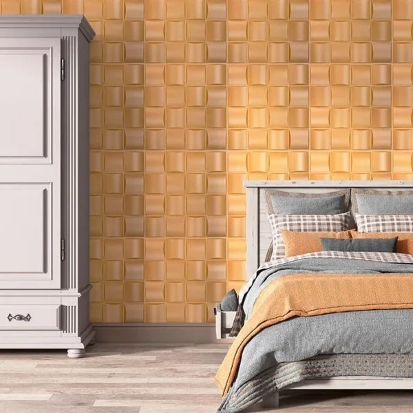 Panel Dorado 3D de PVC Decorativo para Recámara - Modelo Jacksonville | Tekno Step panel 3d de pvc decorativo dorado para recamara modelo jacksonville tekno step instalado en dormitorio, realza cabecera y aporta calidez