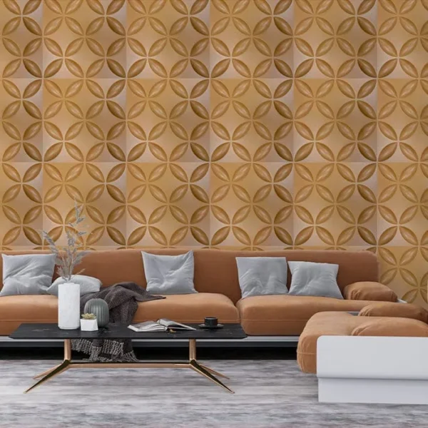 Panel Dorado 3D de PVC Decorativo en Sala - Modelo Kansas | Tekno Step panel 3d de pvc decorativo dorado instalado en sala modelo kansas tekno step, mejora la estetica y crea profundidad visual