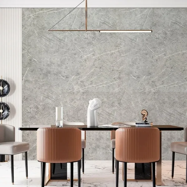 tapiz pvc tipo piedra acabado mate tekno step modelo algiers instalado en comedor, autoadherible, facil instalacion diy, acabado mate sin reflejos, ideal para muros interiores