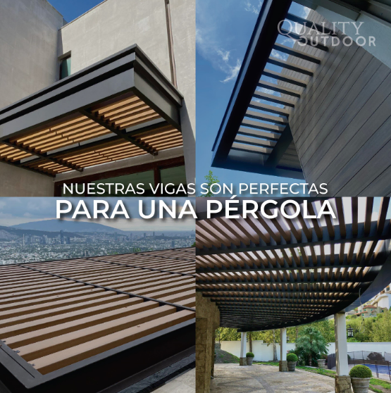 Viga QO12 Exterior WPC | Cuatro pérgolas: escenarios de instalación viga qo12 exterior wpc instalada en cuatro pergolas diferentes mostrando aplicaciones en terrazas patios restaurantes y hoteles con maxshield antiuv resistente al agua y sin astillas