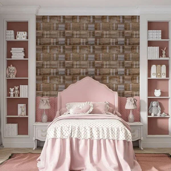 panel 3d de pvc decorativo para recamara modelo providence madera tekno step instalado en dormitorio, aporta calidez y profundidad visual