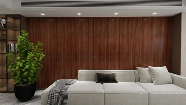 lambrin pvc media luna interior tekno step rio instalado en estancia acabado madera ondulado que aporta calidez y profundidad a paredes interiores