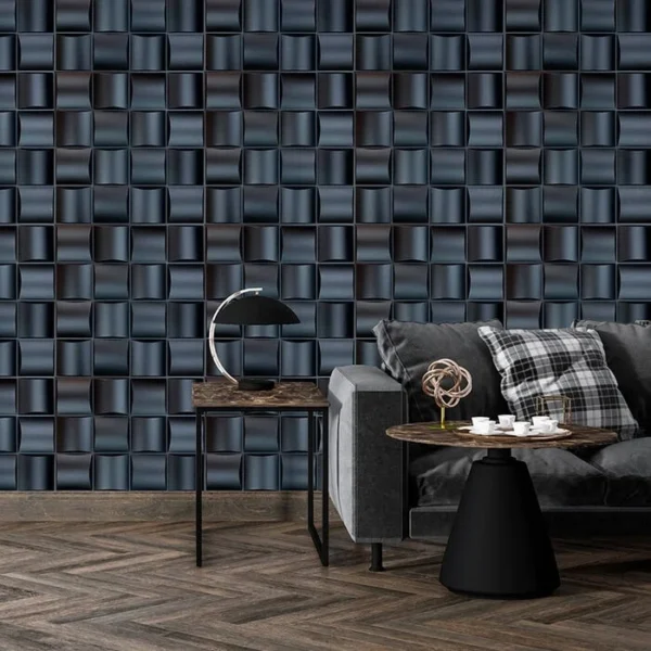 panel 3d de pvc decorativo negro instalado en sala modelo sacramento tekno step, aporta profundidad visual y estilo contemporaneo