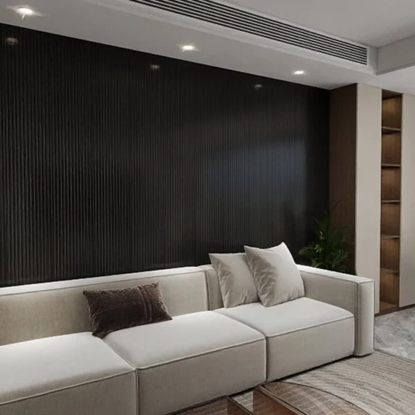 lambrin pvc media luna interior tekno step sao paulo instalado en muro de acento acabado tipo madera volumen y movimiento para focalizar espacios interiores