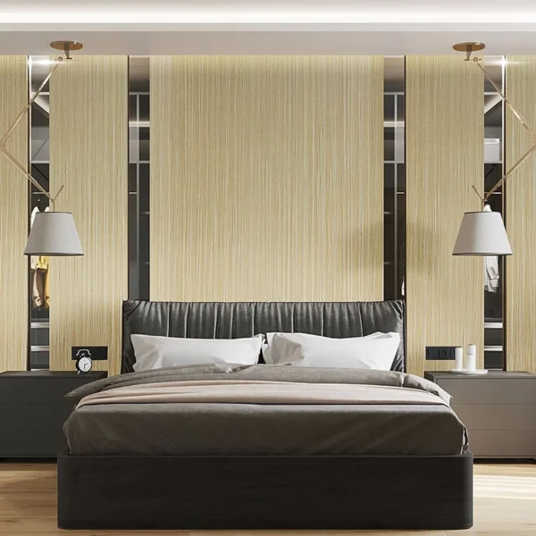 Placa Tipo Madera PVC Veteada Tekno Step – Solaria en cabecera placa tipo madera pvc veteada tekno step solaria instalada en muro de cabecera, acabado tipo madera que transforma dormitorios con estilo acogedor