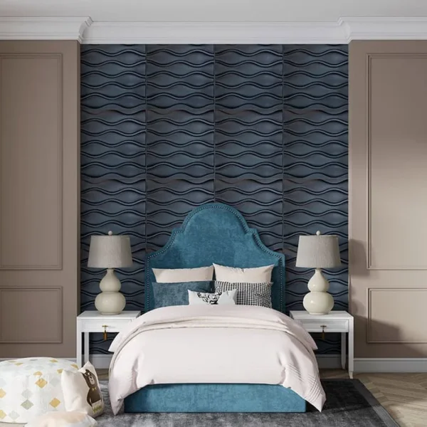 panel 3d de pvc decorativo negro instalado en recamara modelo tucson tekno step, aporta intimidad, aislamiento acustico y bajo mantenimiento