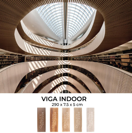 viga perfil de pvc interior en techo de biblioteca aportando calidez diseño sofisticado resistencia a la humedad y acabados que mejoran la acustica interior