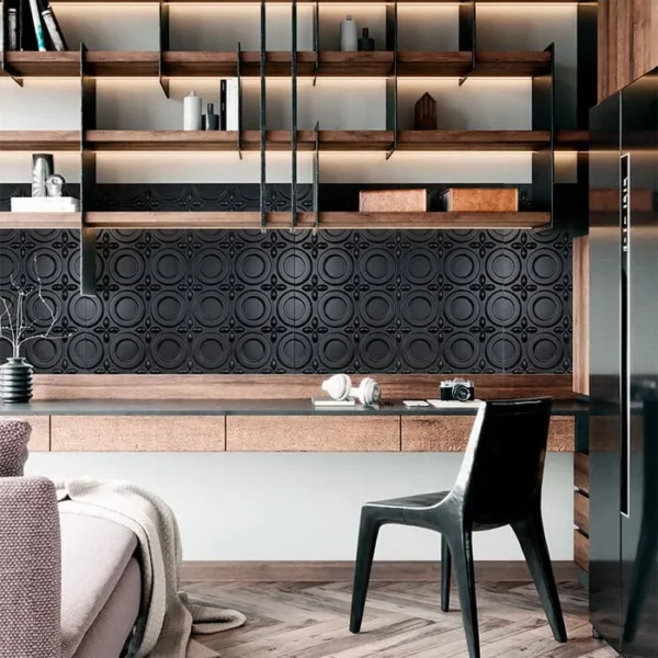 panel para pared negro 3d de pvc decorativo tekno step: recubrimiento para interiores de pvc de alta calidad, resistente al agua y plagas, ligero, economico y facil de instalar. efecto tridimensional moderno.