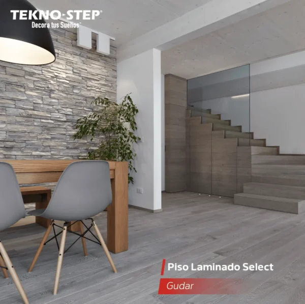 Piso Laminado Click Select Tekno Step — Gúdar piso laminado click select tekno step color gudar, diseño imitacion madera con vetas realistas, clase de uso adecuada para interiores con trafico medio