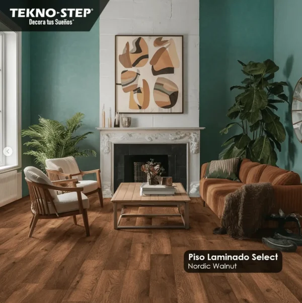 Piso Laminado Click Select Tekno Step — Nordic Walnut piso laminado click select tekno step color nordic walnut, tono claro y contemporaneo, textura madera realista, sistema clic para instalacion facil y rapida