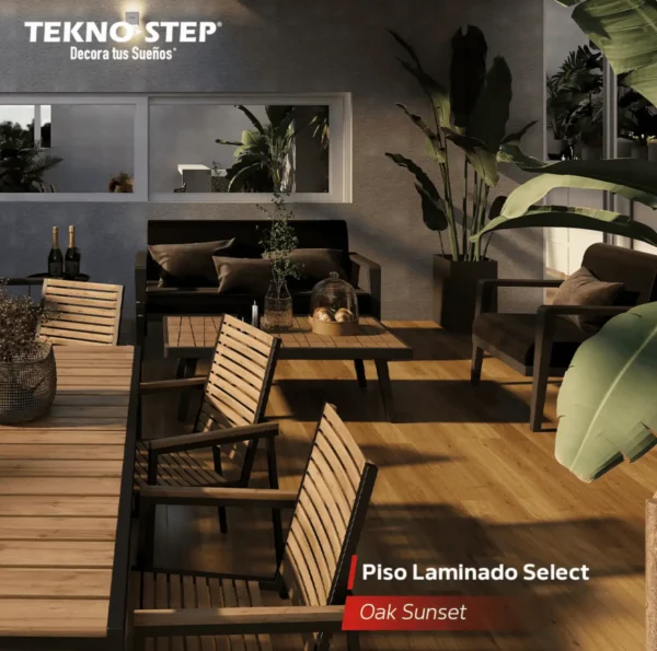 Piso Laminado Click Select Tekno Step — Oak Sunset piso laminado click select tekno step color oak sunset, tono cálido tipo atardecer con textura realista, instalacion flotante sin pegamento y limpieza facil