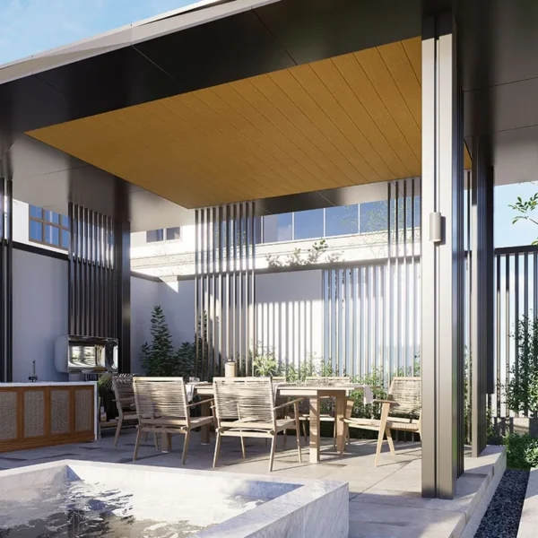 wall cladding wpc tasmania tekno step con textura tipo madera, resistente al agua, uv y fuego, ideal para revestir muros y techos exteriores con instalacion sencilla y alto rendimiento en exteriores