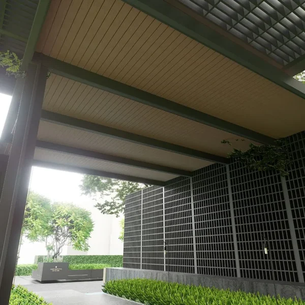 panel wall cladding wpc color teak tekno step para revestimientos exteriores, acabado natural tipo madera, facil mantenimiento y alta resistencia contra plagas y hongos