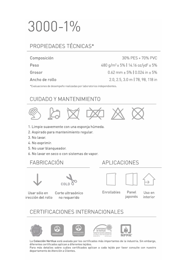 ficha tecnica de la persiana screen enrollable 3000-1% de Vertilux con medidas, peso y certificaciones a detalle