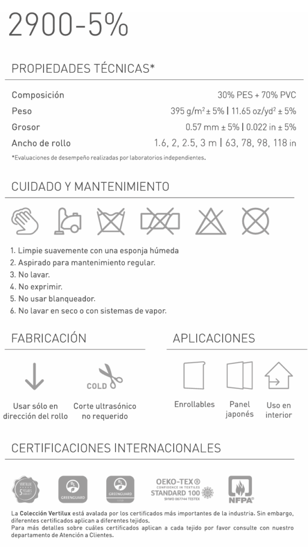 ficha tecnica de la persiana screen 2900-5% vertilux con medidas, peso y certificaciones