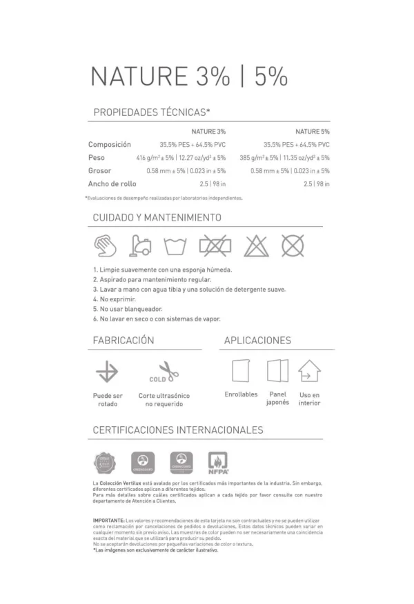 ficha tecnica de persianas screen enrollables nature vertilux