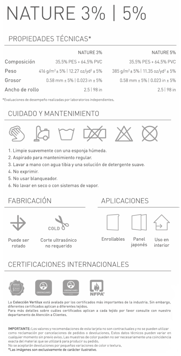 Ficha técnica de las Persianas Screen Enrollables Nature Vertilux con medidas y datos técnicos de los modelos nature 3% y 5%