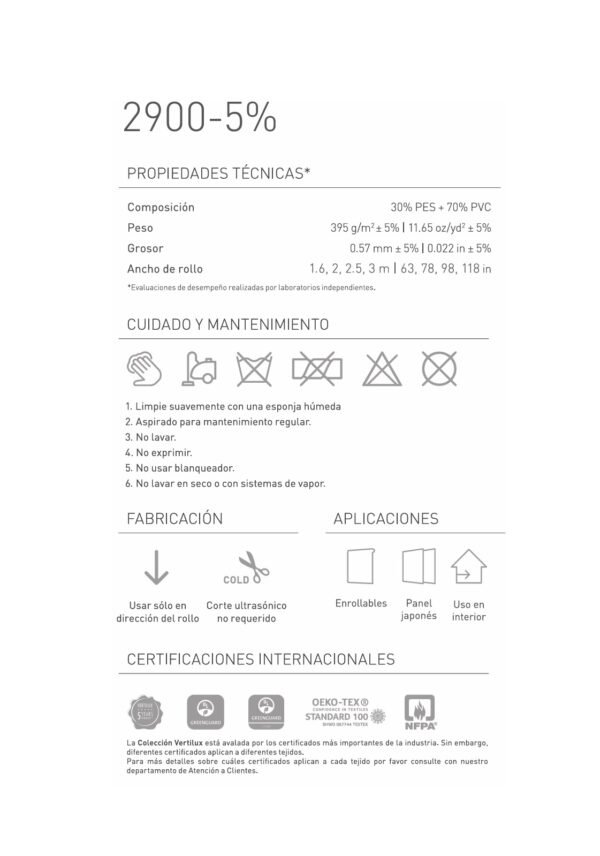 Ficha Técnica Persianas Screen Enrollables 2900-5% Vertilux ficha tecnica de las persianas screen enrollables 2900-5% vertilux